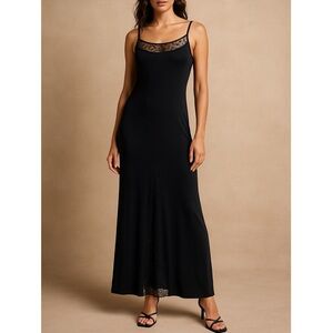 Vintage Roberta Y2K Black Slinky Jersey Maxi Slip Dress Lace Inset Large